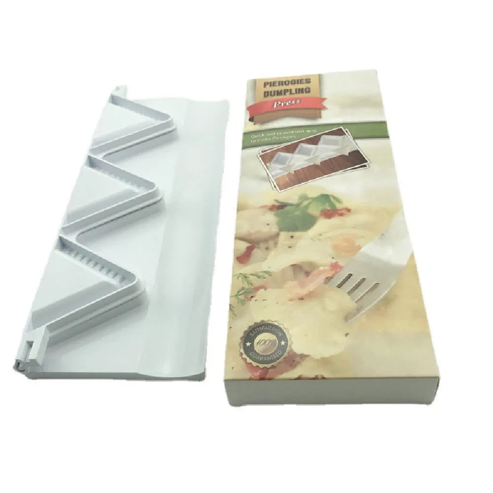 Pure white plastic dumpling maker 28.5cm length on a kitchen counter