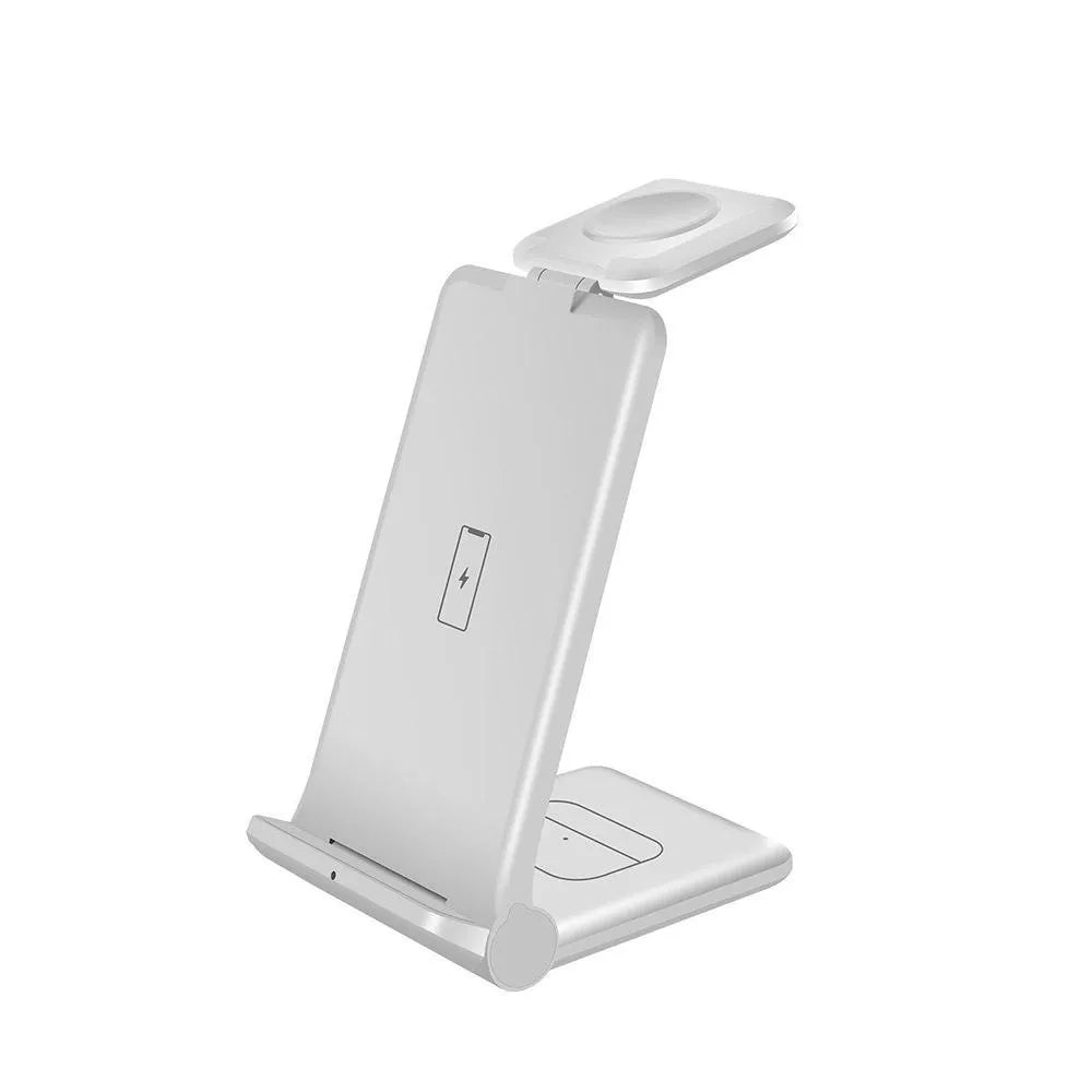 White 3-in-1 foldable wireless charging station showing iPhone, AirPods case, and Apple Watch on charging pads