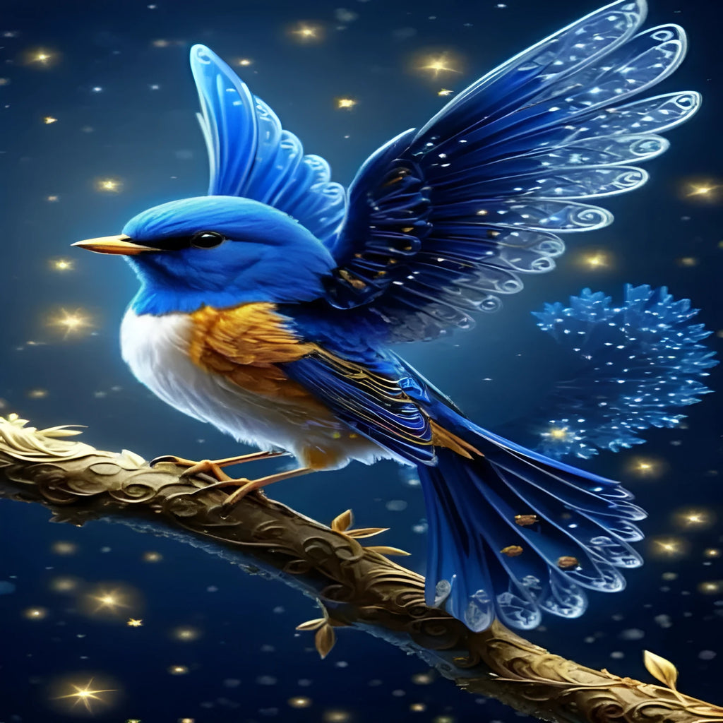 Handmade DIY Blue Bird rhinestone painting kit showing acrylic crystals on a 60x100cm canvas.
