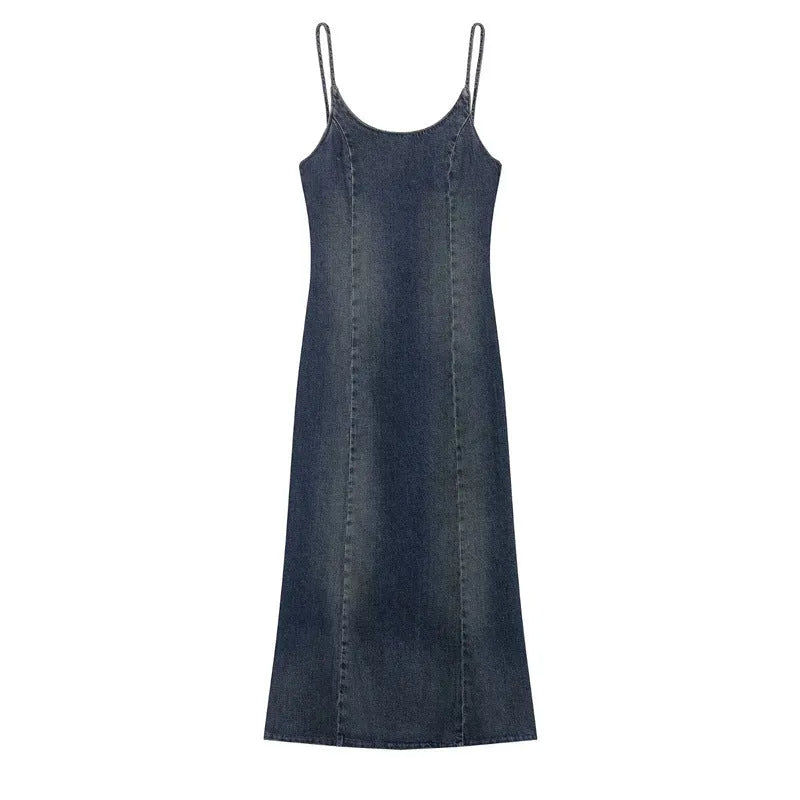 Women's blue knitted denim-look short dress with hood, pleated asymmetrical hem, and long sleeves on a model.