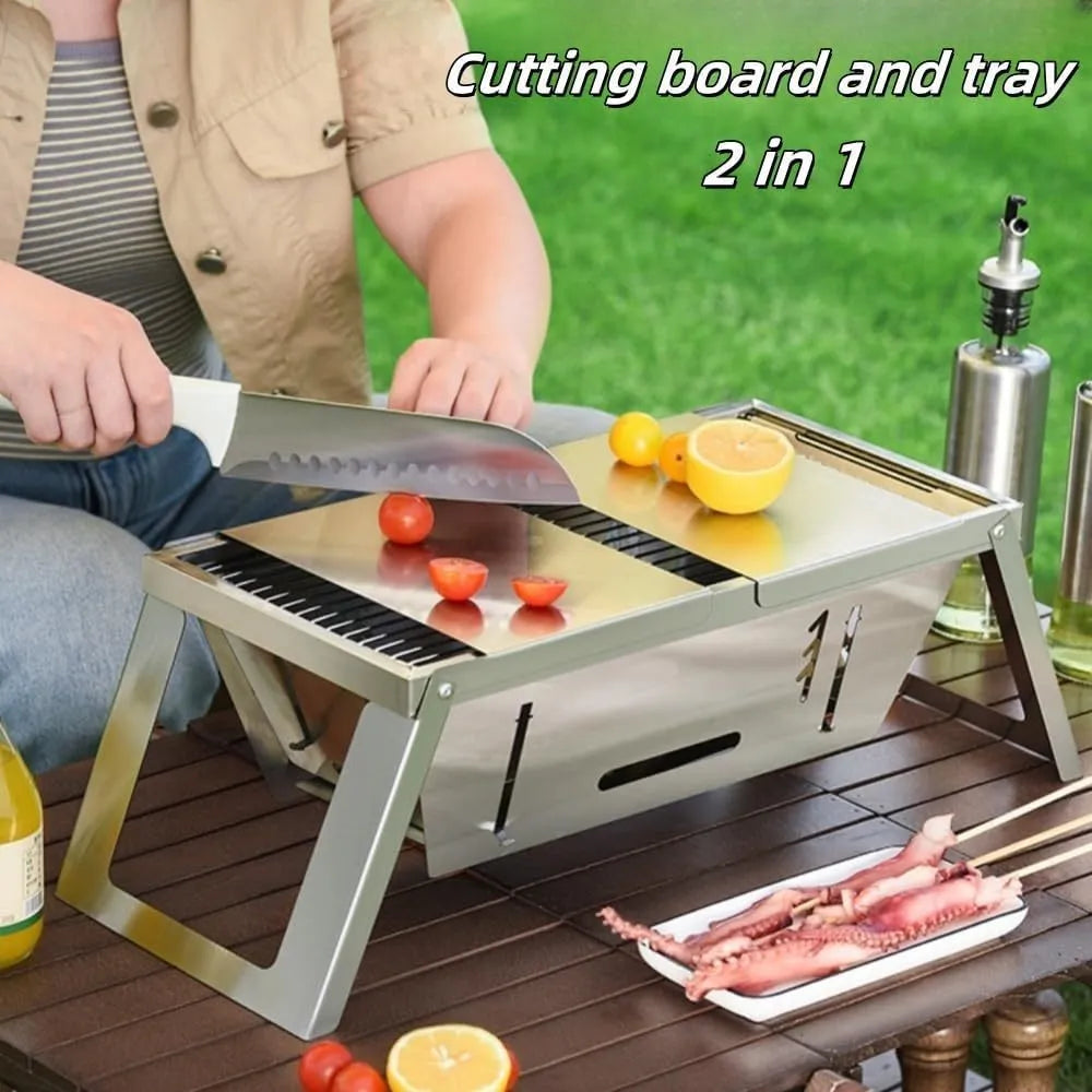 Small foldable portable charcoal grill shown in use and collapsed for storage.