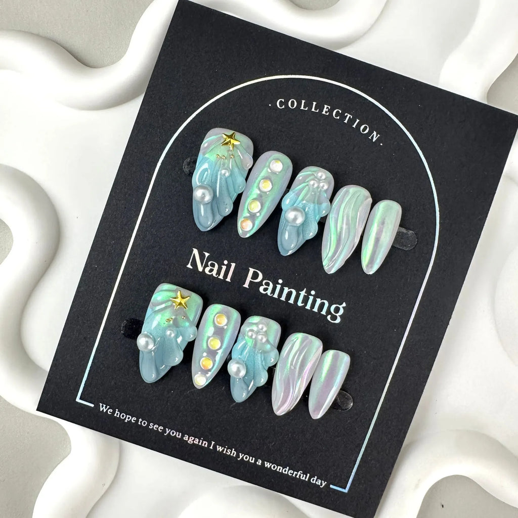 HAILANG blue shell design plastic false nail tips set in XS, S, M, L sizes