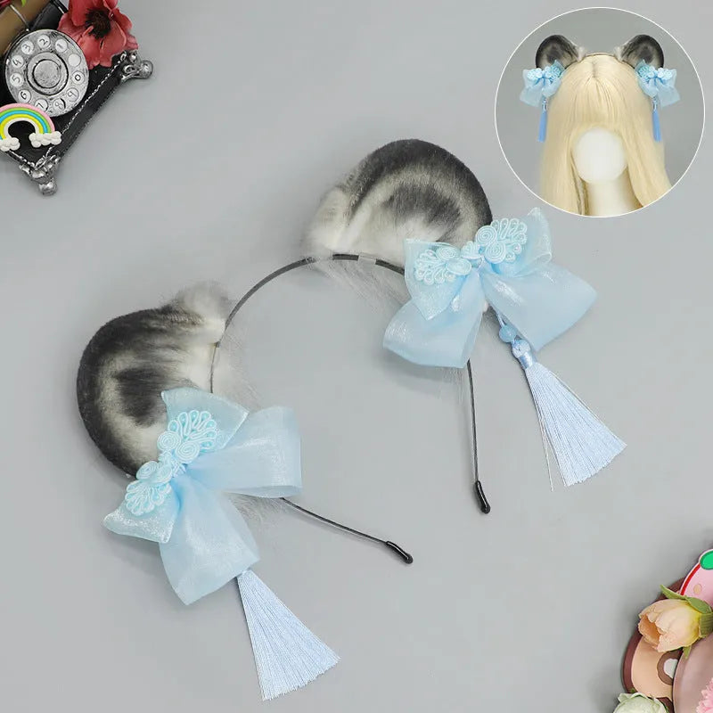 Handmade panda animal ears headband with tassel in pink, blue, green, purple – plush material unisex accessory