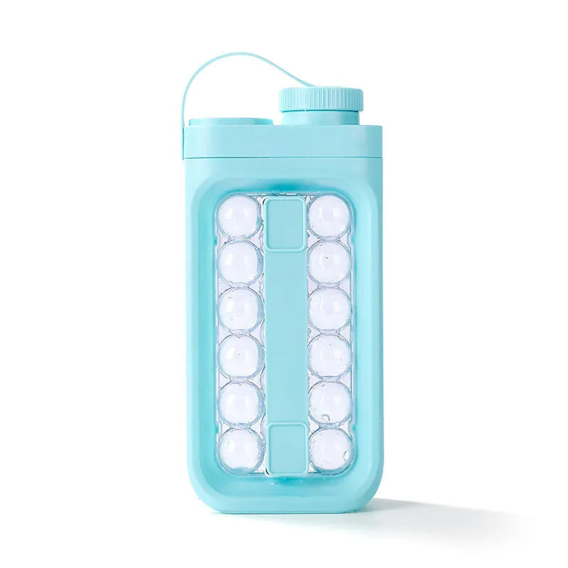 2-in-1 portable ice ball tray and water bottle with quick-release mould, light blue colour, 17 ice balls capacity