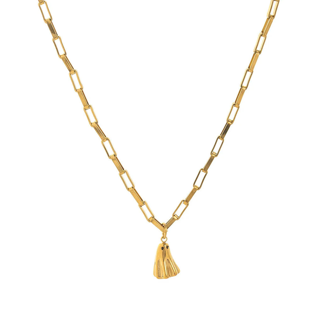 A modern ghost pendant necklace on a stainless steel chain, showing the titanium steel electroplated pendant detail.