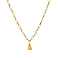 A modern ghost pendant necklace on a stainless steel chain, showing the titanium steel electroplated pendant detail.