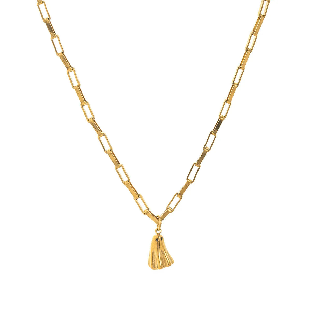 A modern ghost pendant necklace on a stainless steel chain, showing the titanium steel electroplated pendant detail.