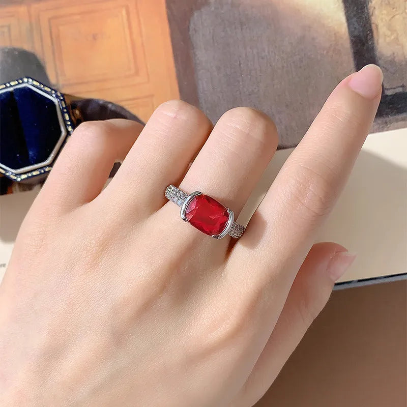 Square heart ring for women with red corundum and zircon stones on an electroplated copper band, sizes 6-10