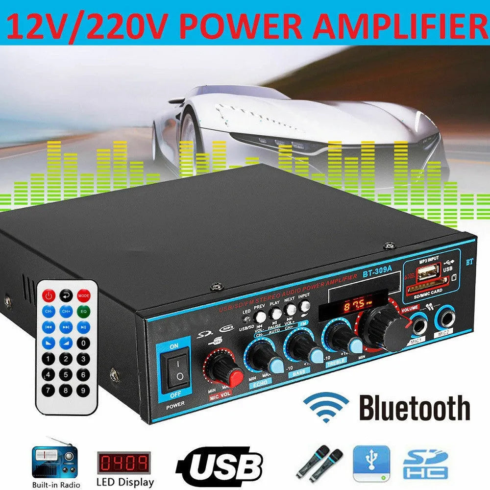 Black BT-309A-A dual-purpose power amplifier with wire clamp connections and remote control
