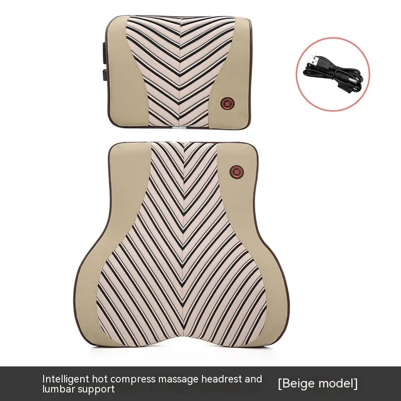 Black and red electric car massage headrest and lumbar support cushion with leather mesh fabric.