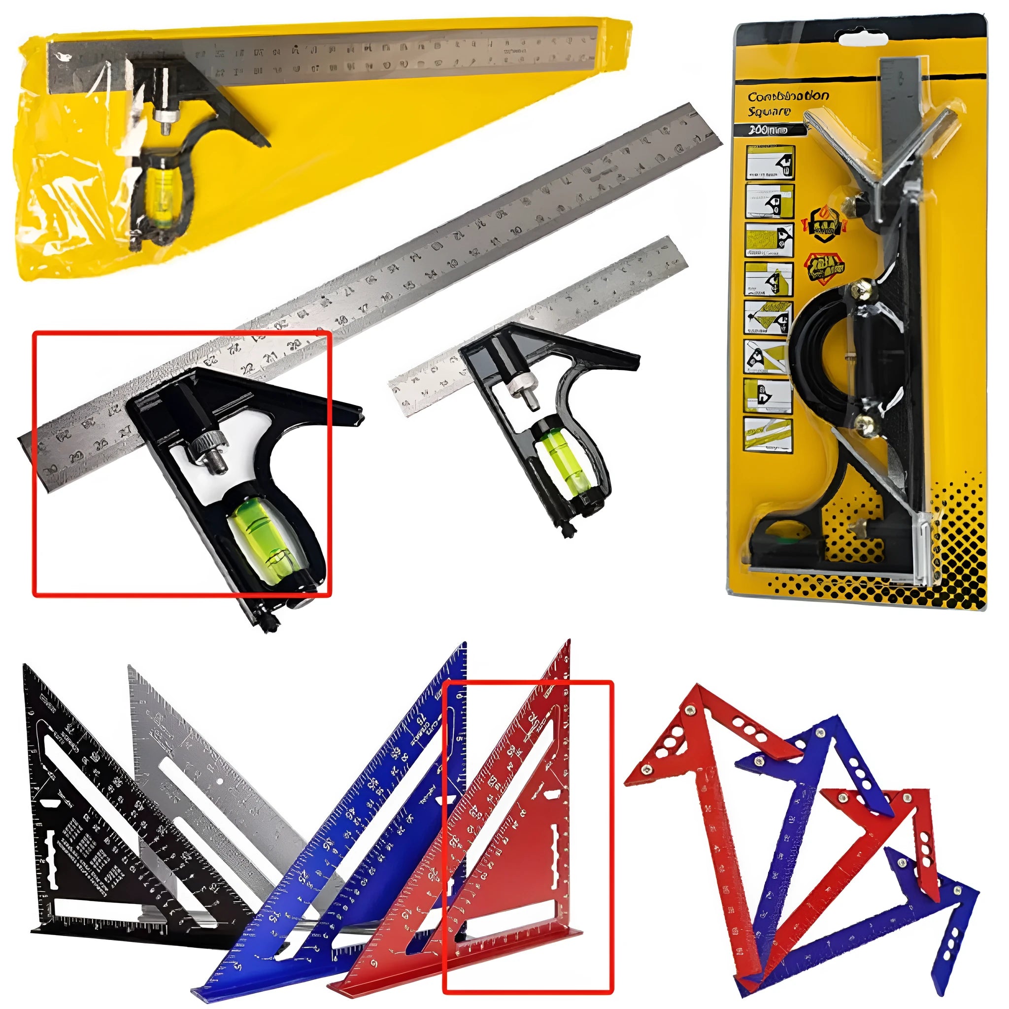 Two red metal combination angle rulers for civil surveying in transparent storage bag