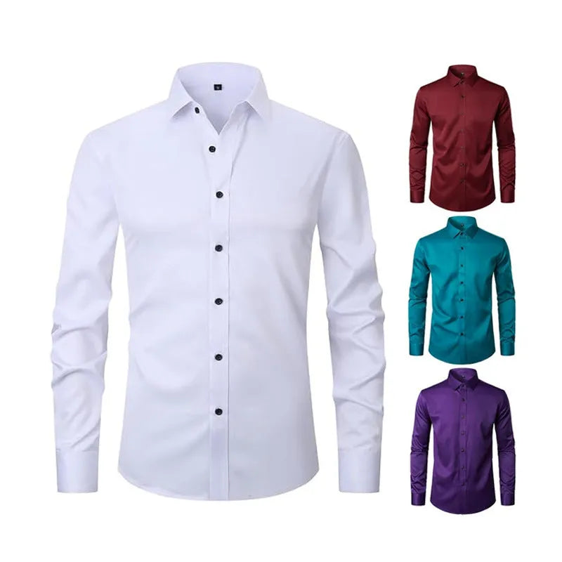 Men's stretch long sleeve work shirt in polyester, shown in multiple colour options.