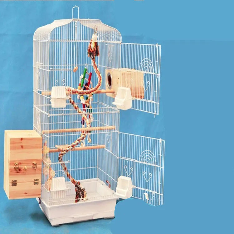 Portable black wire bird cage for small to medium parrots, 45.5x35x93.5cm, with wooden poles and plastic food cups