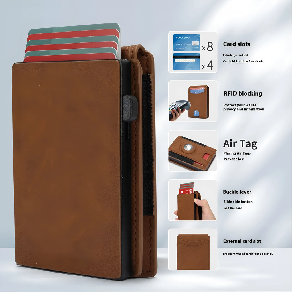 Men's microfiber card holder wallet in black, dark brown, or light brown.