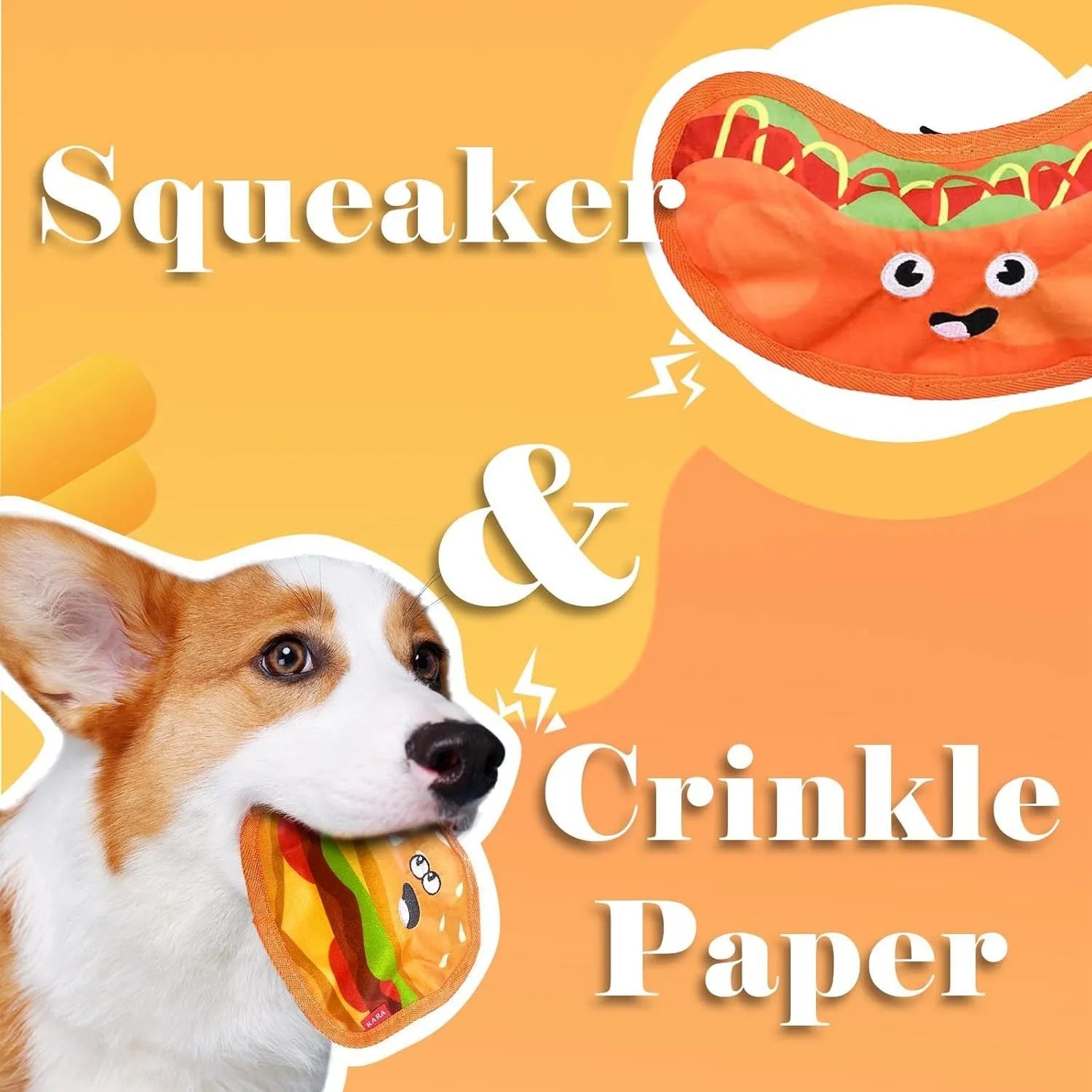 Colourful food-shaped dog toys including a burger, fries, hot dog, and pizza on a white background.