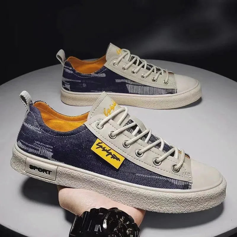 Men's dark blue canvas lace-up casual shoes with round toe and rubber sole