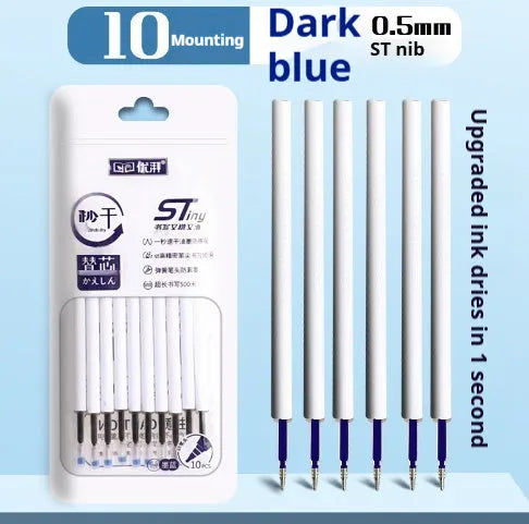 Pack of 10 quick-drying ballpoint pen refills in black, blue, red, and ink blue colours.