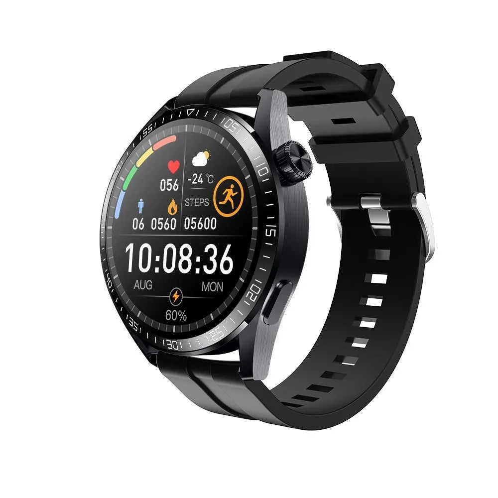 Black GS3 Max smartwatch on a silicone strap, showing a homescreen with health stats.