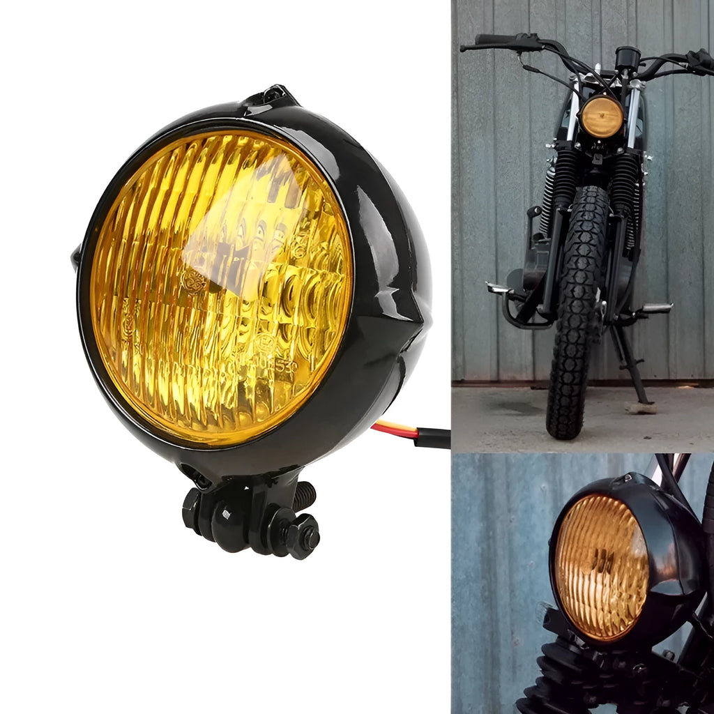 Retro black electroplated Harley headlight for cars with a halogen bulb.