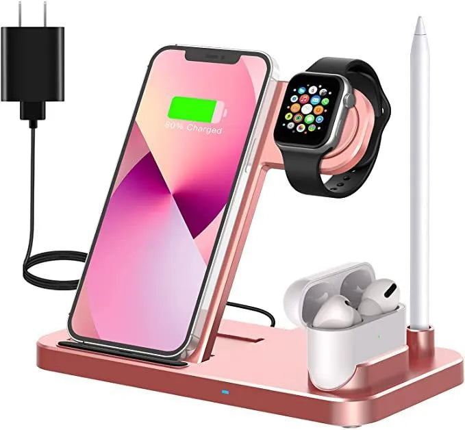 Black foldable 4-in-1 wireless charging stand showing iPhone charging vertically and Apple Pencil on its charging spot.