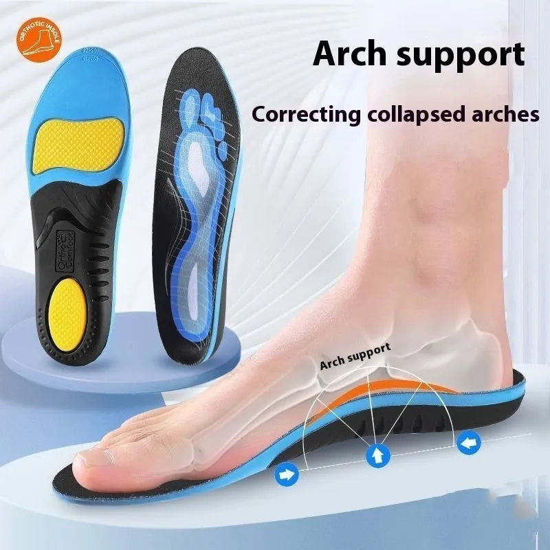Blue and green PU flat foot correction insoles for men and women, shown in universal size ranges.