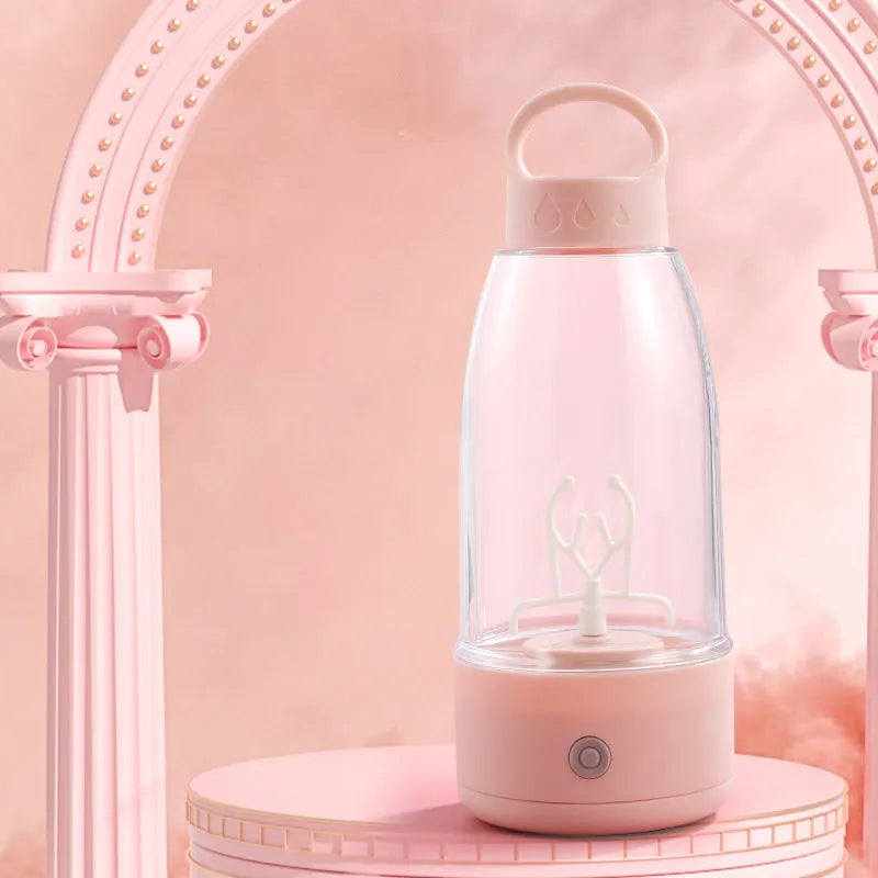 Automatic electric shaker bottle with USB charging port, handle, and lid in green, pink, or white.