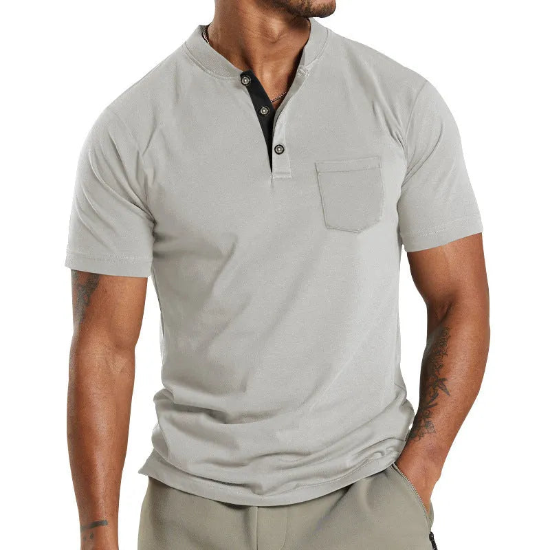 Men's plus size solid colour short sleeve polyester shirt with a button pocket on the chest.