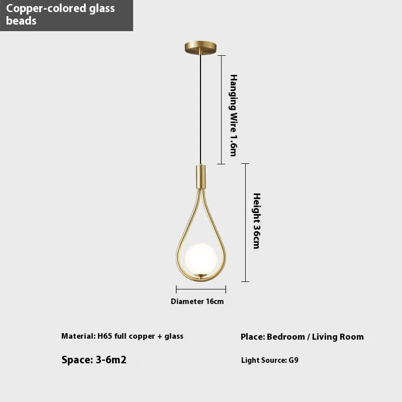 Modern minimalist copper bedside chandelier lamp with choice of light cover colours for bedroom.