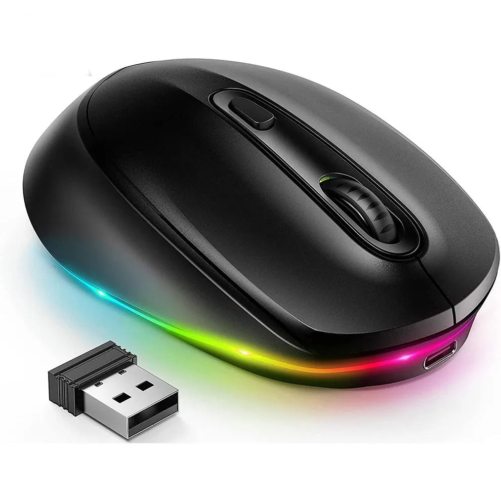 Lightweight 24g rechargeable wireless mouse for laptops, shown in various colour options.