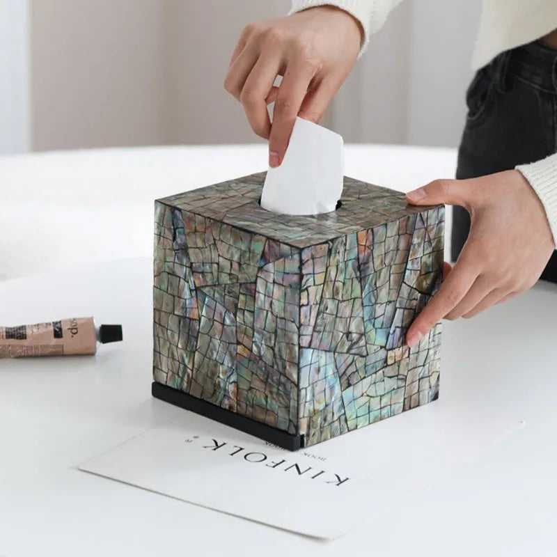 Black natural shell decorative storage box with removable tray for tissue box organisation.