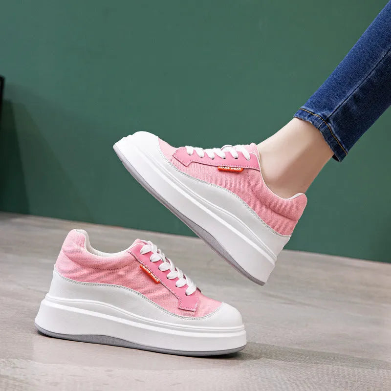 Women's beige and pink leather board shoes with thick soles for height increase