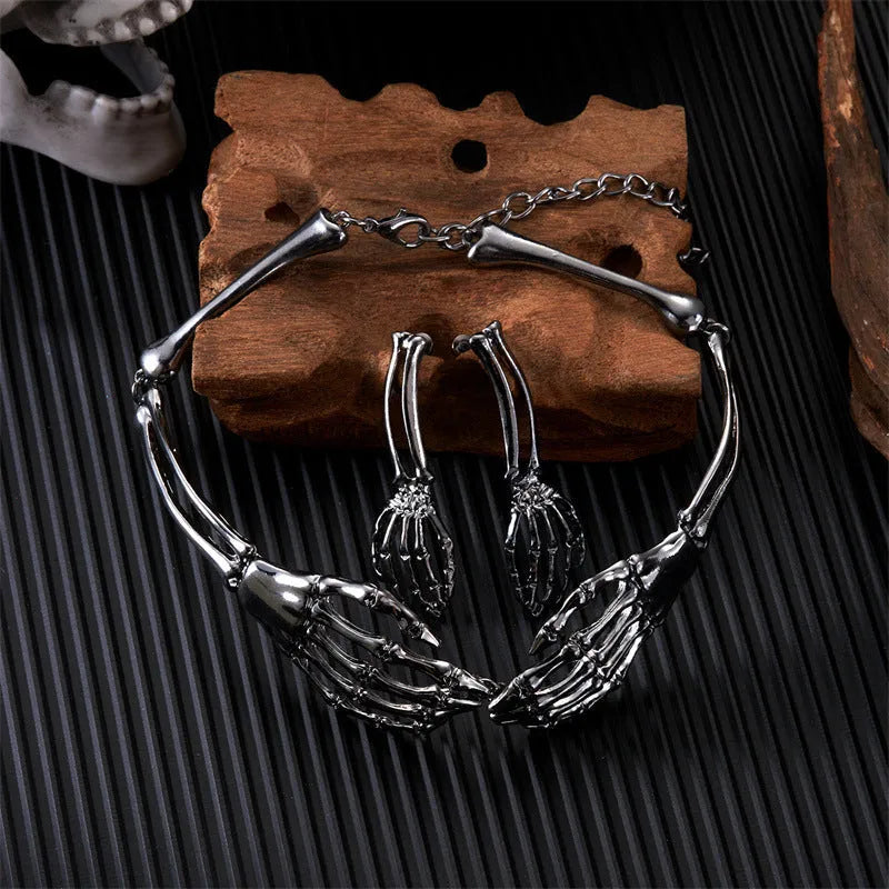 Dark style skull and ghost hand necklace and earring set in alloy with adjustable chain