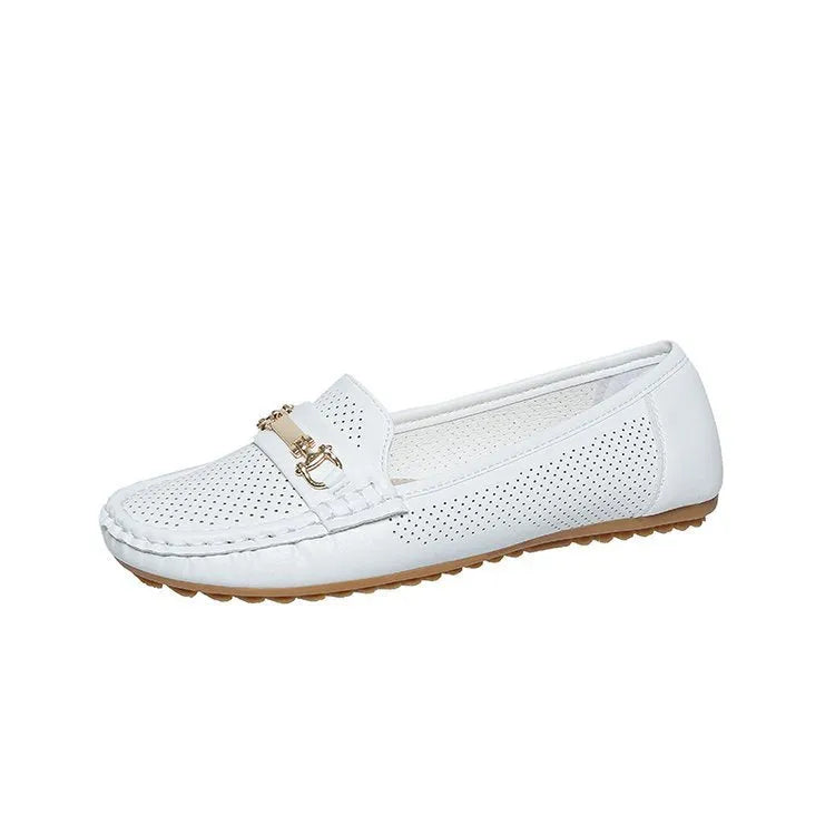 Women's flat casual shoe in black, white, or khaki with artificial PU upper and thin sole.