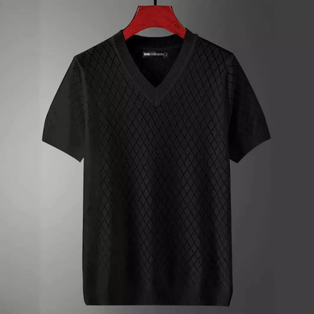 Men's black ice silk V-neck t-shirt with short sleeves on a hanger.