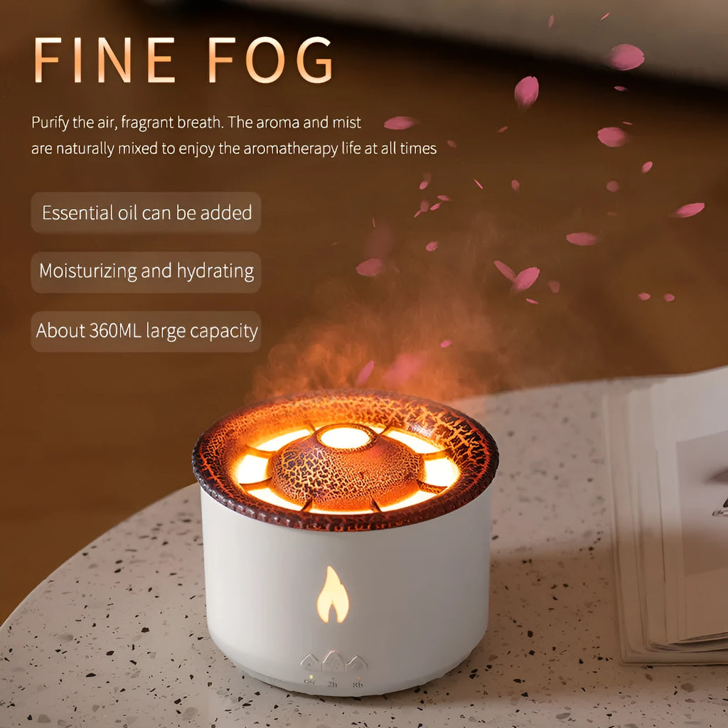 White flame and blue volcano humidifier diffuser with remote control on a table