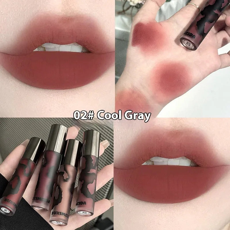 Lava Secret Matte Lip Mud Lipstick in five colours: Orange Brown Coffee, Cool Gray, Cinnamon Coffee, Jujube Red, Smoked Purple.