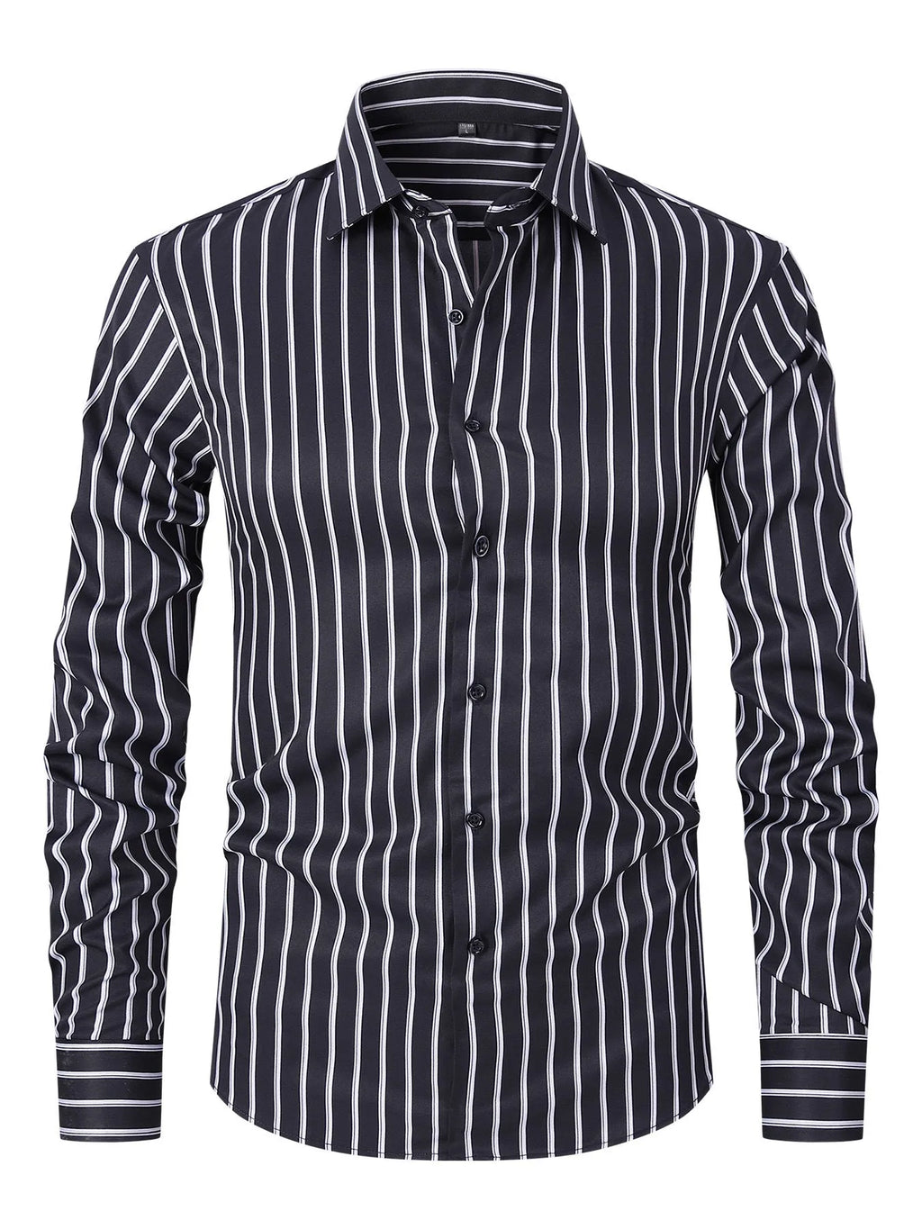 Man wearing a slim fit striped long sleeve cardigan shirt in blue and white.