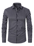 Man wearing a slim fit striped long sleeve cardigan shirt in blue and white.