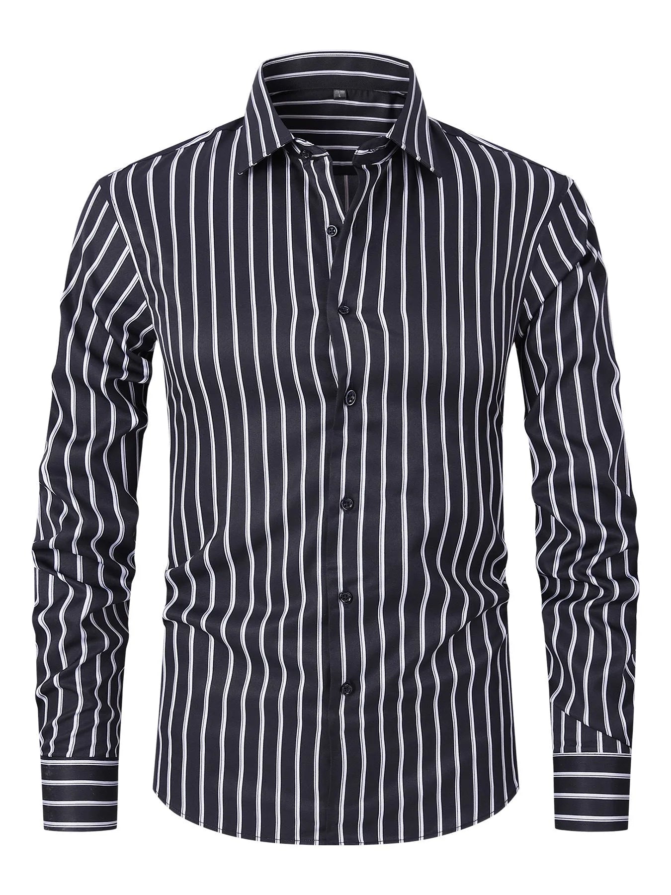 Man wearing a slim fit striped long sleeve cardigan shirt in blue and white.