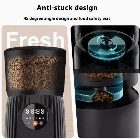 Black automatic pet feeder with digital timer display and food hopper.