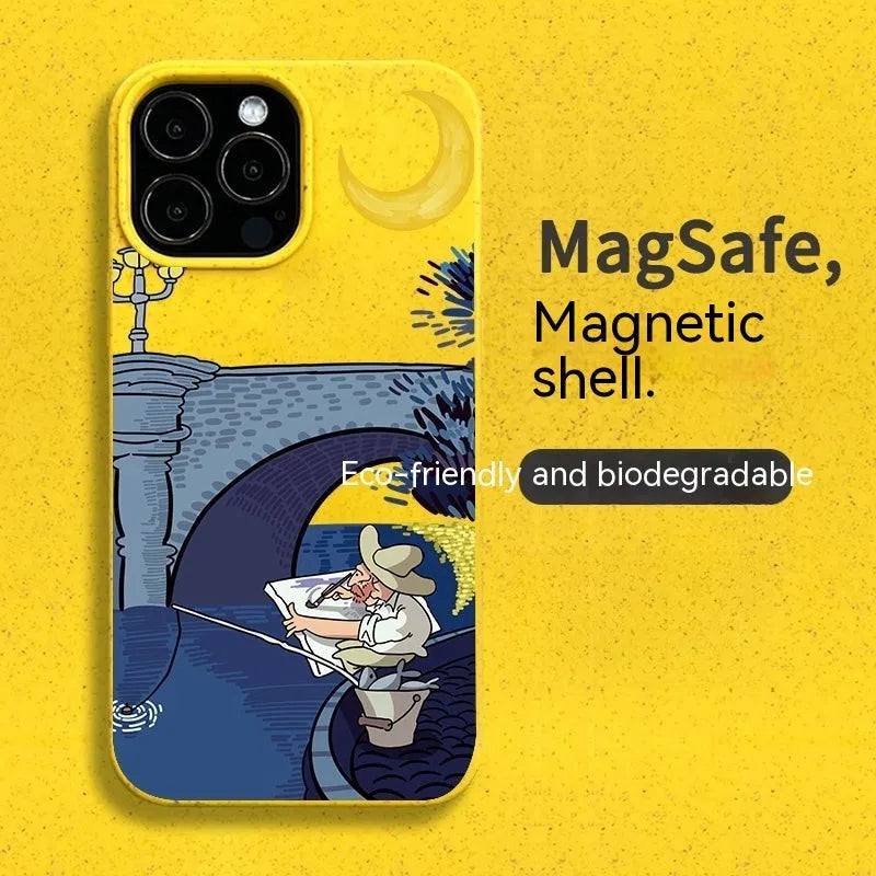 Magnetic retro graffiti resin phone case for iPhone 13 and 14 in green, pink, white, or yellow.