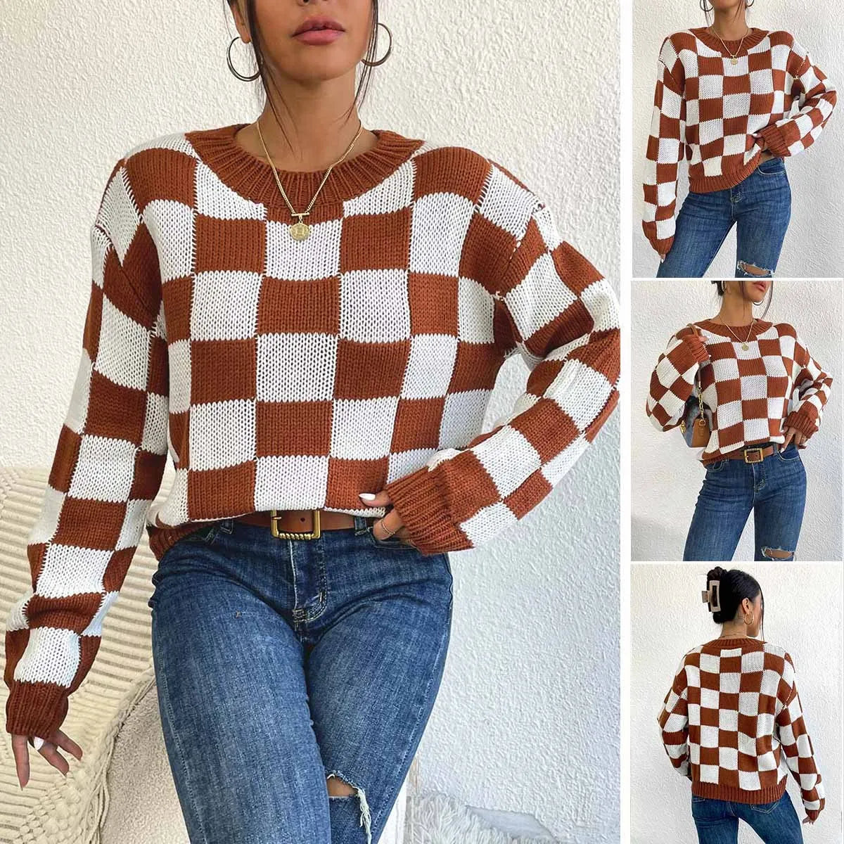 Dark brown plaid pattern acrylic pullover sweater with long sleeves and a round neck.
