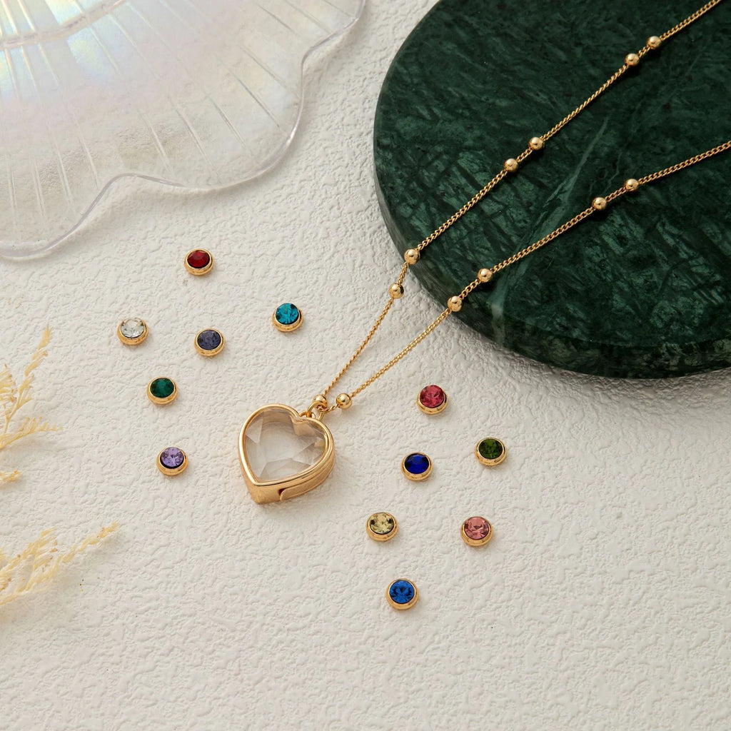 Heart-shaped copper glass box pendant necklace with O-ring chain and monthly birthstone colour insert
