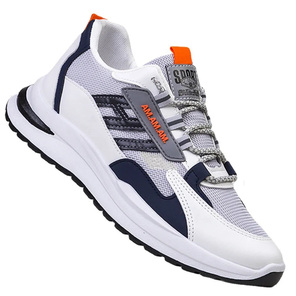 Men's grey flying weave mesh running shoes with rubber sole and lace-up front