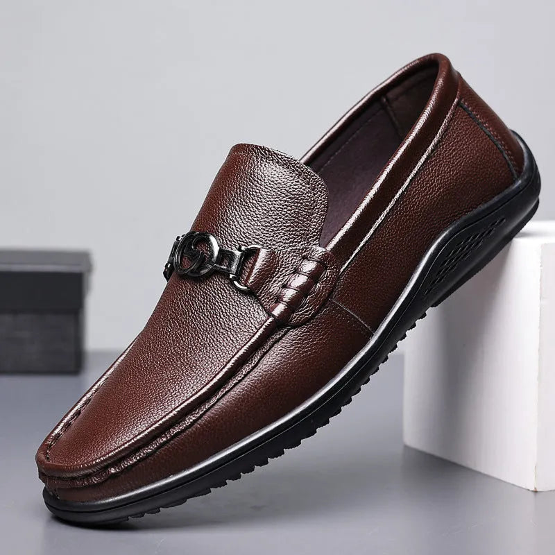 Men's leather casual shoes with rubber sole, round toe, breathable design, black or brown, sizes 38 to 48