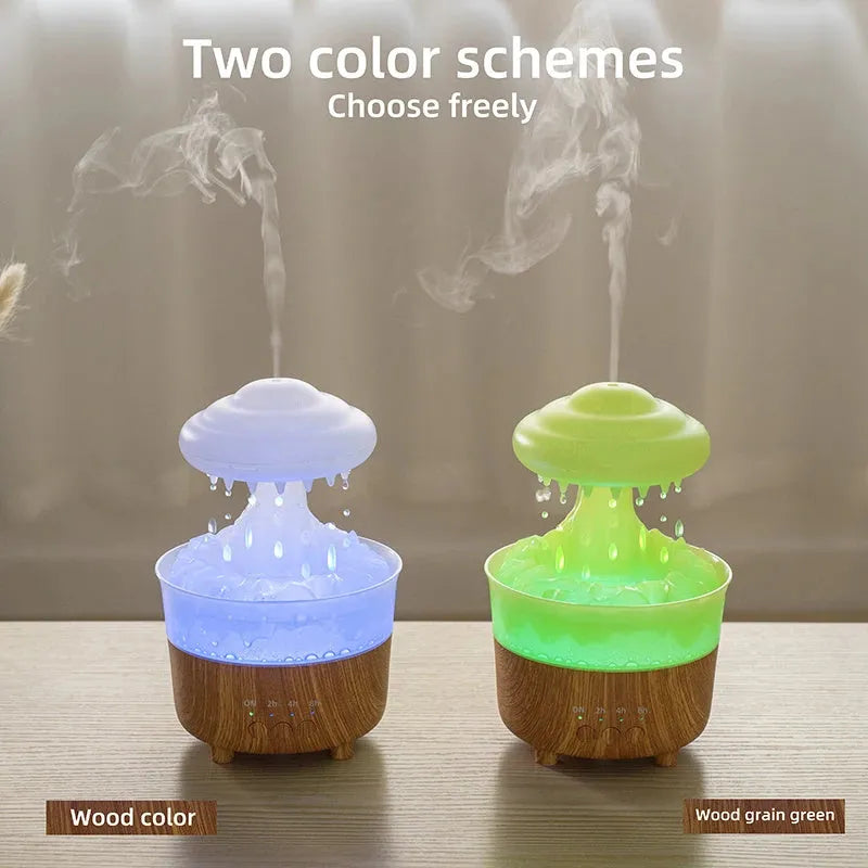Wood grain white cloud-shaped humidifier diffuser with glowing LED lights and water droplets.