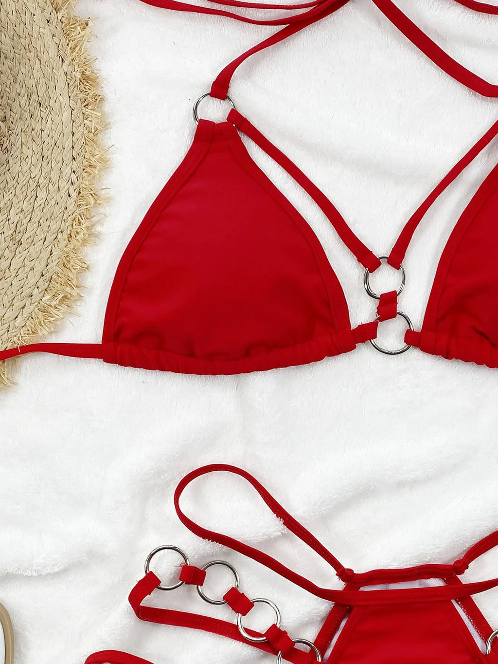 Women's pure colour separated nylon bikini set in red, shown as a bikini top and matching shorts.