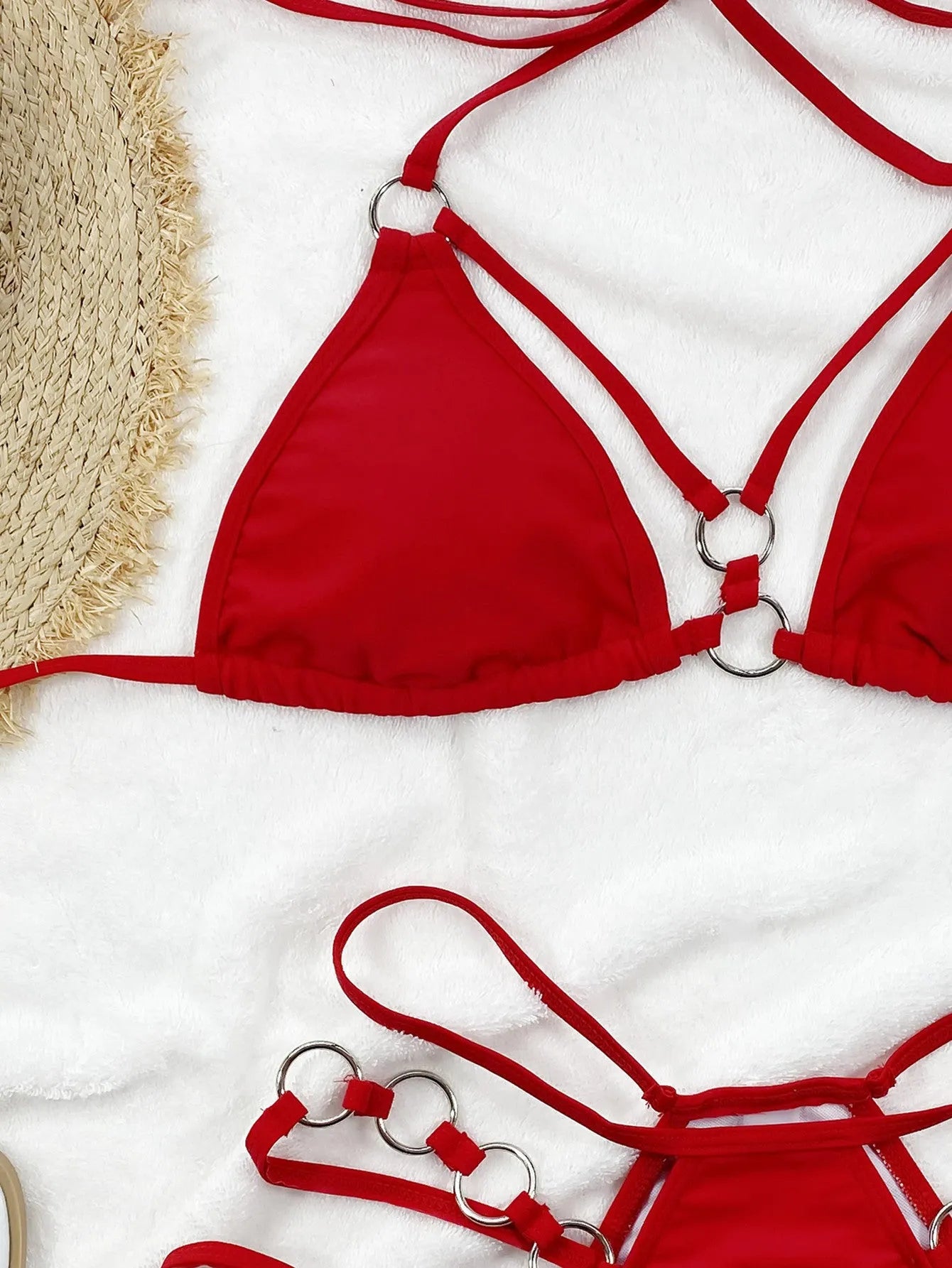 Women's pure colour separated nylon bikini set in red, shown as a bikini top and matching shorts.
