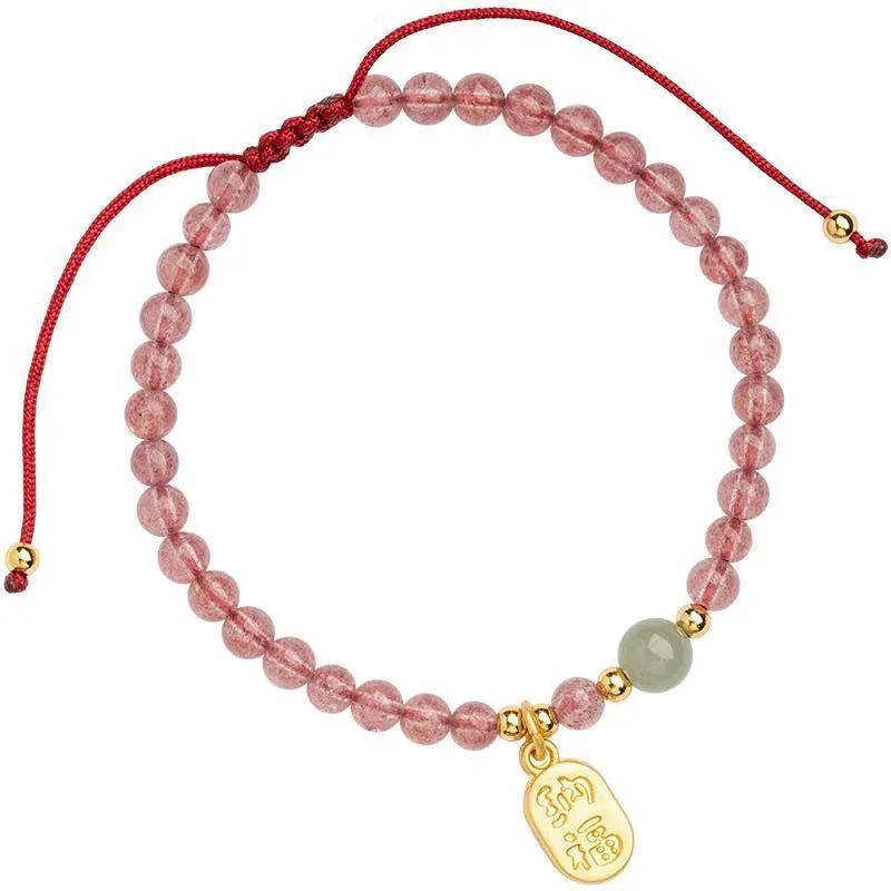 Hand-woven red rope bracelet with strawberry quartz crystals for women