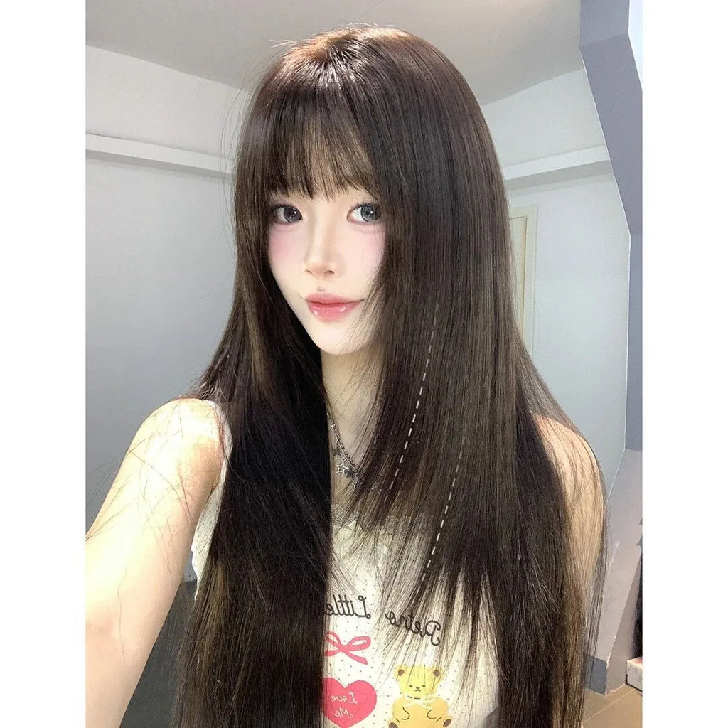 Full-head long straight synthetic wig in high temperature fibre with side bangs styling options